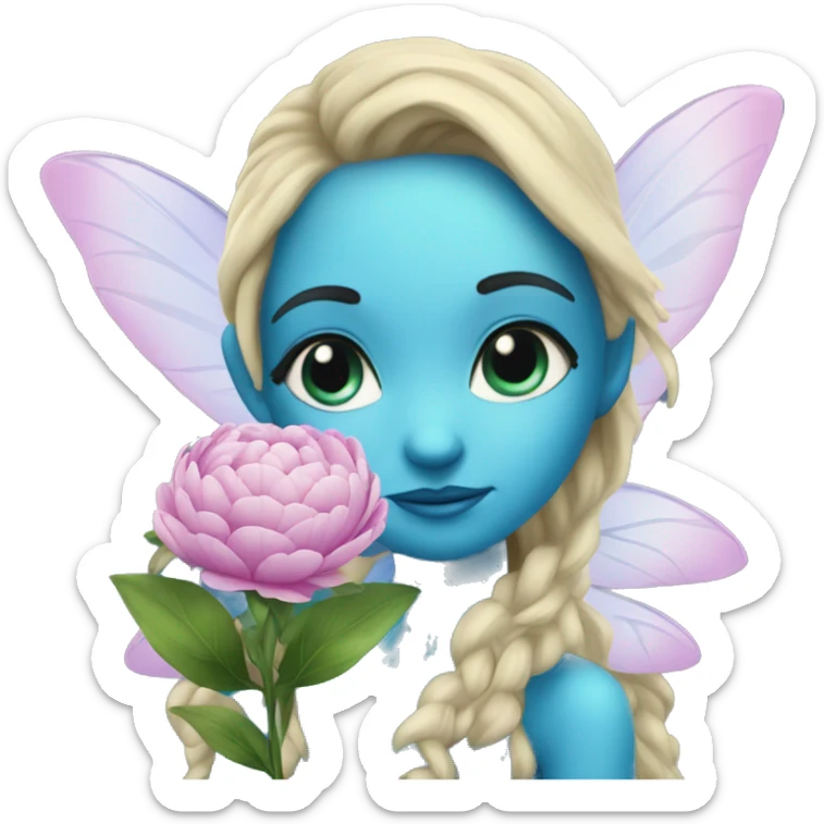 A fairy smells a blue blue glittery flower that looks like a peony sticker