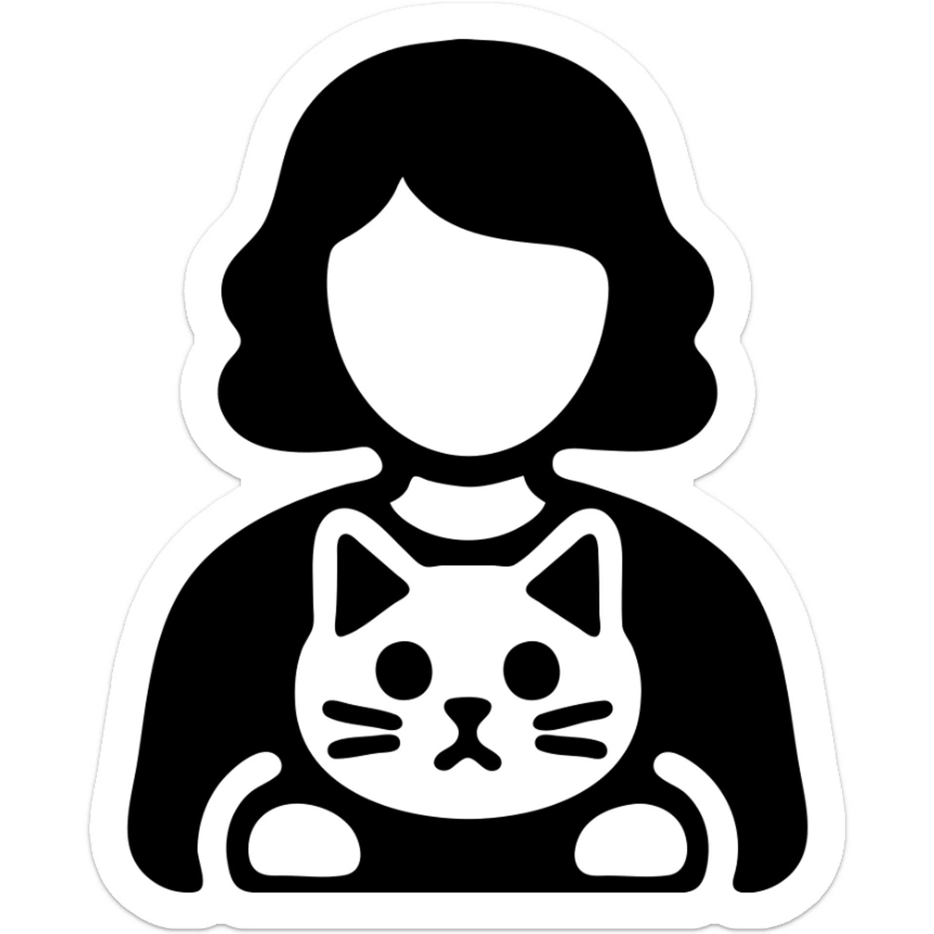 wavy black haired girl with a short haitcut holding a british cat sticker