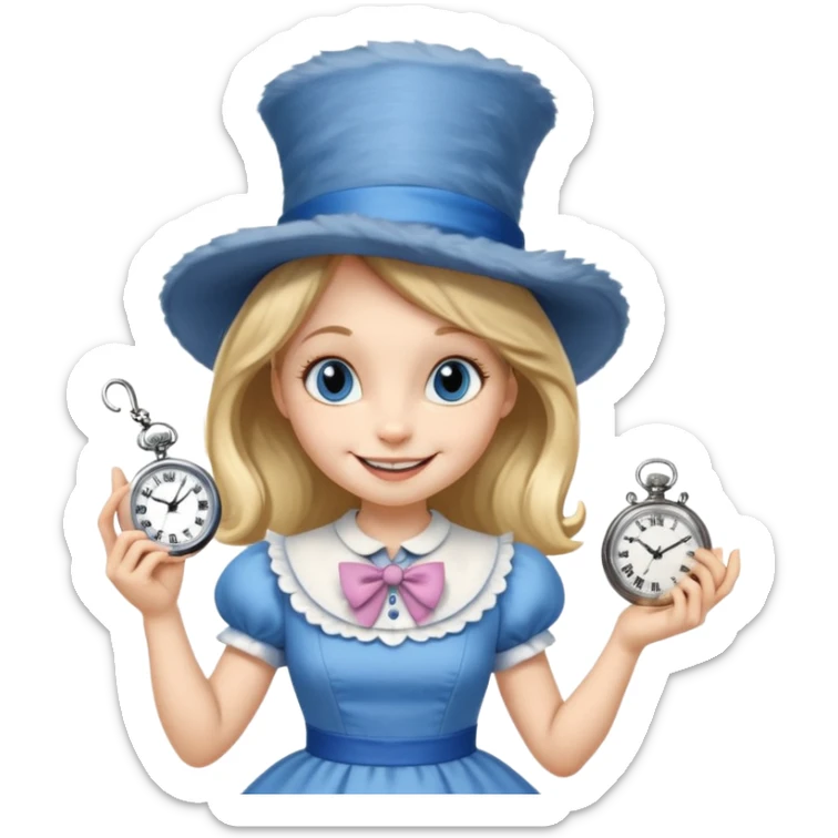 Alice in wonderland cat pointing at a pocket watch wearing a hat sticker