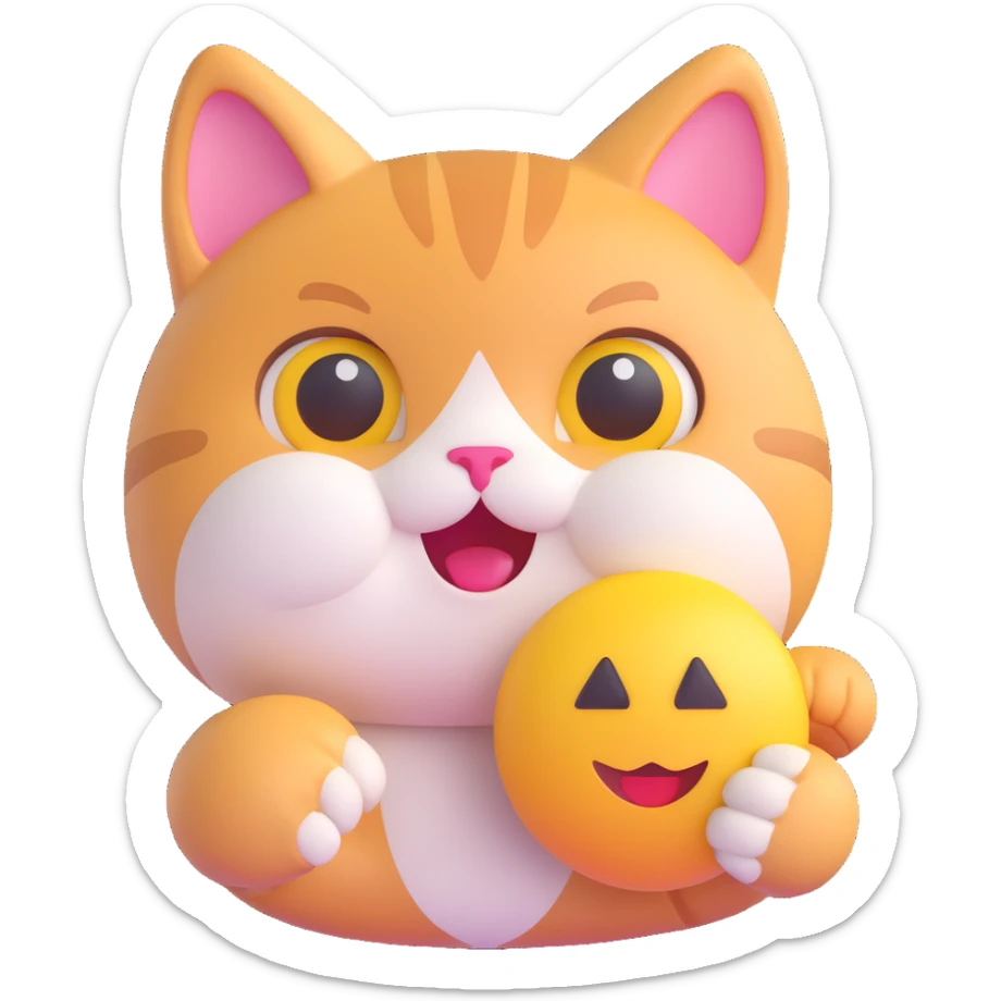 realistic 3D style cute cat holding a 3D emoji, detailed fur texture, shiny eyes, warm and friendly expression sticker