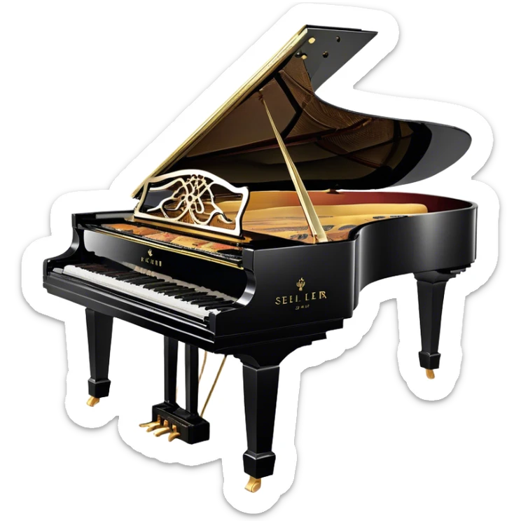 Create an elegant and detailed emoji representing the Seiler 278 Konzert grand piano. The design should feature the grand piano's polished black body with shiny, reflective surfaces, capturing its high-quality craftsmanship. The black and white keys should be clearly visible, with the curved shape of the grand piano’s body and lid, which can be slightly open. Add visible details like the pedal system, the intricate wood finish on the frame, and the elegant legs of the piano. The musical notes should float around the piano, evoking the sound of a professional concert instrument. Use deep black, white, and gold tones to highlight its luxurious appearance. The background should be transparent. sticker