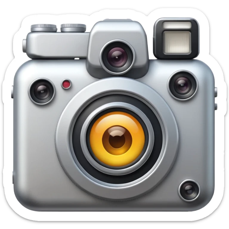 Minimal emoji icon of a modern metalic camera, front view, simple shapes, realistic lens,  sticker