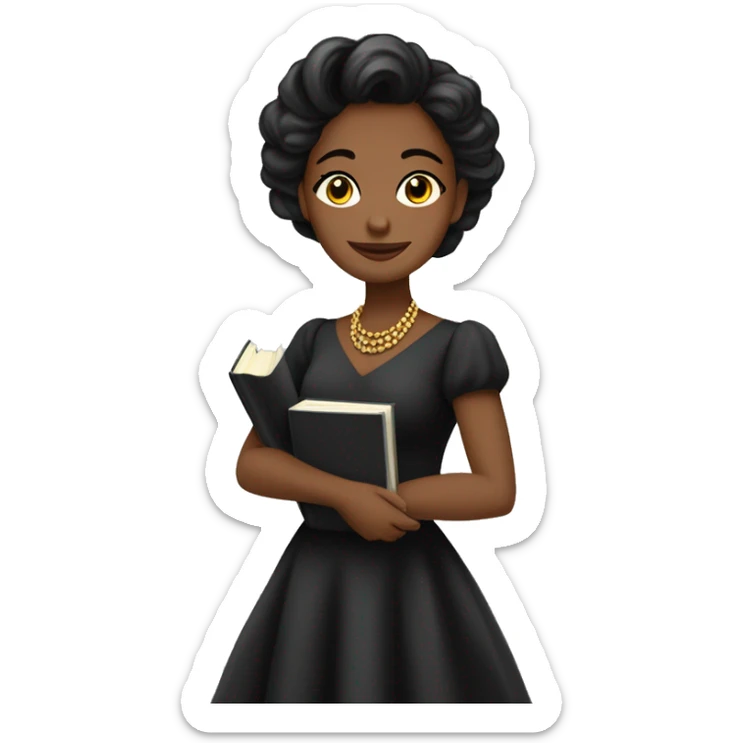 mujer cabello negro vestido elegante sosteniendo libros y lapiz hacia arriba sticker