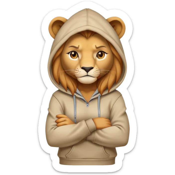 determined anthropomorphised female lion in a hoodie and jeans with arms folded, energetic pose sticker