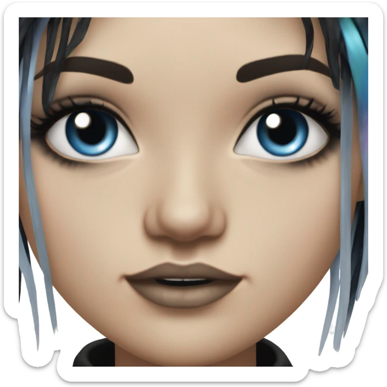 Hyperrealistic white girl with blue eyes and long black hair with rainbow fringe. Wearing cute black & silver choker necklace has dark eye makeup on her eyes sticker
