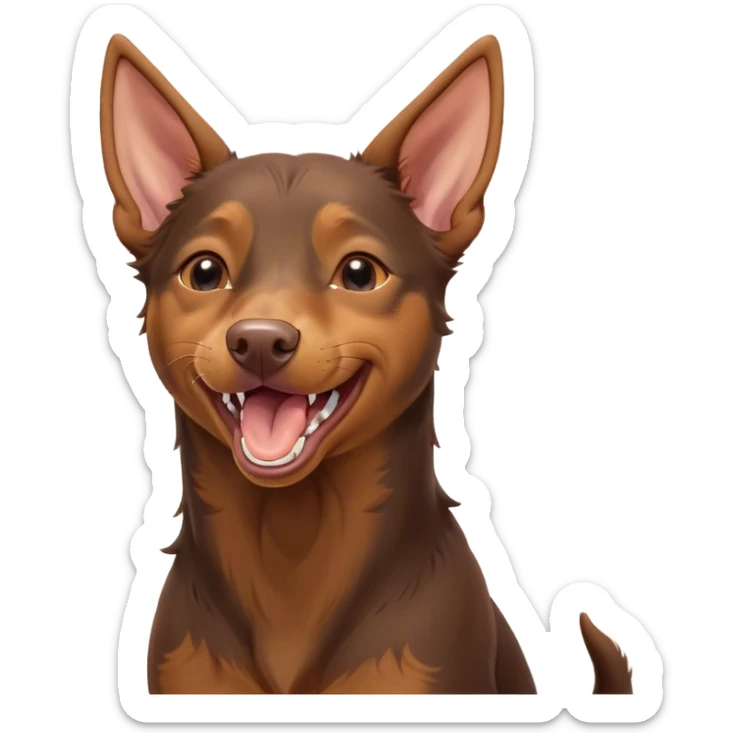 Cinematic Cute Yawning Brown and Tan Kelpie Portrait Emoji, Head tilted slightly with a dramatic, wide-open yawn, showcasing a smooth brown Fur with distinct tan highlights, floppy ears slightly drooping, round warm eyes barely open in drowsy contentment, Simplified yet irresistibly adorable features, highly detailed, glowing with a soft, cozy glow, high shine, relaxed yet expressive, stylized with a touch of whimsy, bright and endearing, soft glowing outline, capturing the essence of a sleepy yet affectionate herder, so drowsy it feels like it could stretch out of the screen and curl up for a nap! sticker