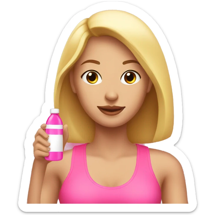 create a blonde woman in gym clothes holding a pink bottle in her hand sticker