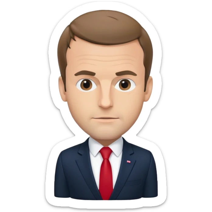 figure of Emmanuel Macron with an oversized head and small body, standing, wearing a dark navy suit and red tie, highly recognizable face, simplified details sticker
