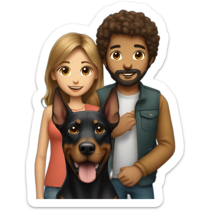 A boy with beard and with a beautiful girl playing with a boy Doberman dog sticker
