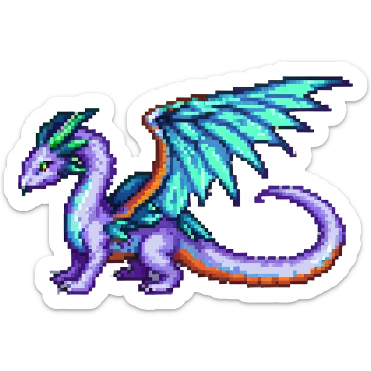 mystical wyrm with a long tail and large wings, colored green, blue, and purple sticker