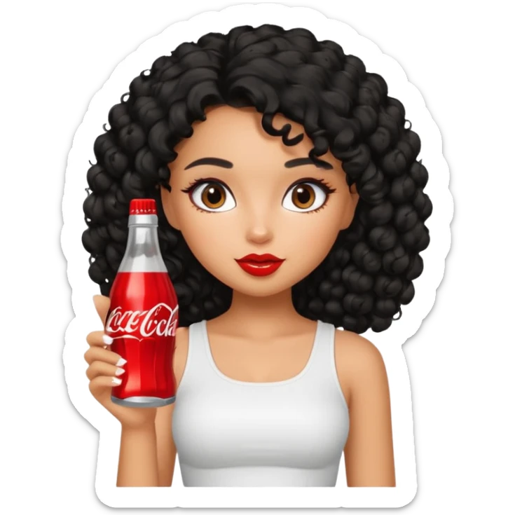 a pretty tan bratz girl with black curly hair drinking coca cola. minimal makeup. white top sticker