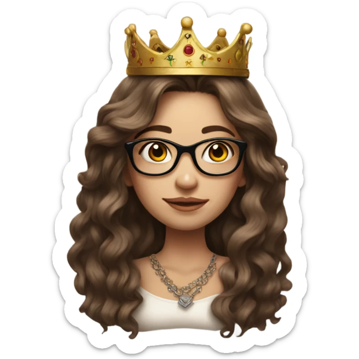 Hyperrealistic girl with long brown hair wearing a crown and glasses, arm tattoos sticker