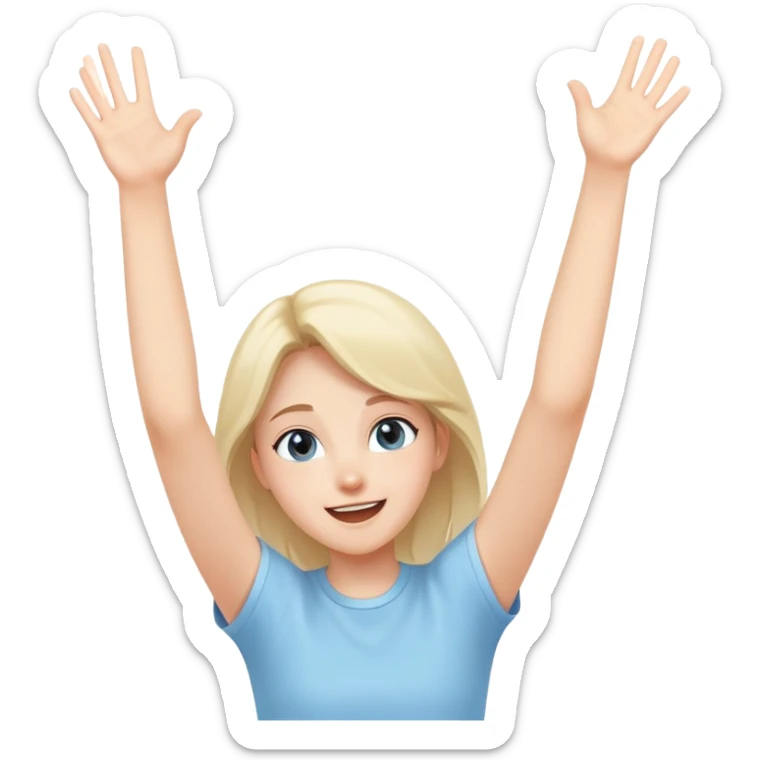 girl wearing pastel blue clothes with arms raised in excitement making a hurray celebration gesture sticker