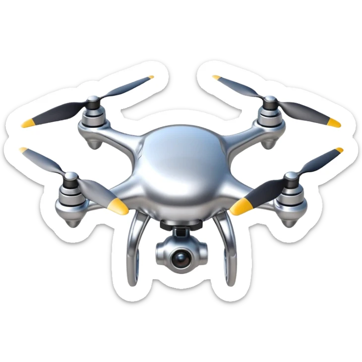 A futuristic drone emoji made of polished silver chrome, smooth rounded body, minimal propellers, reflective metallic surface, soft studio lighting, iOS emoji style, centered, clean white background sticker