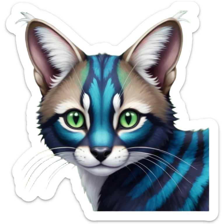 Colorful dark tropical cobalt-blue, black, white fur, with green eyes, iridescent glorious divine exotic cute cool beautiful shiny beautiful fantasy-caracal-civet-genet-sergal-vernid-Cacomistle-Furret-civet-oncilla-animal-Fakémon-hybrid-fursona with pattern markings (full body) sticker