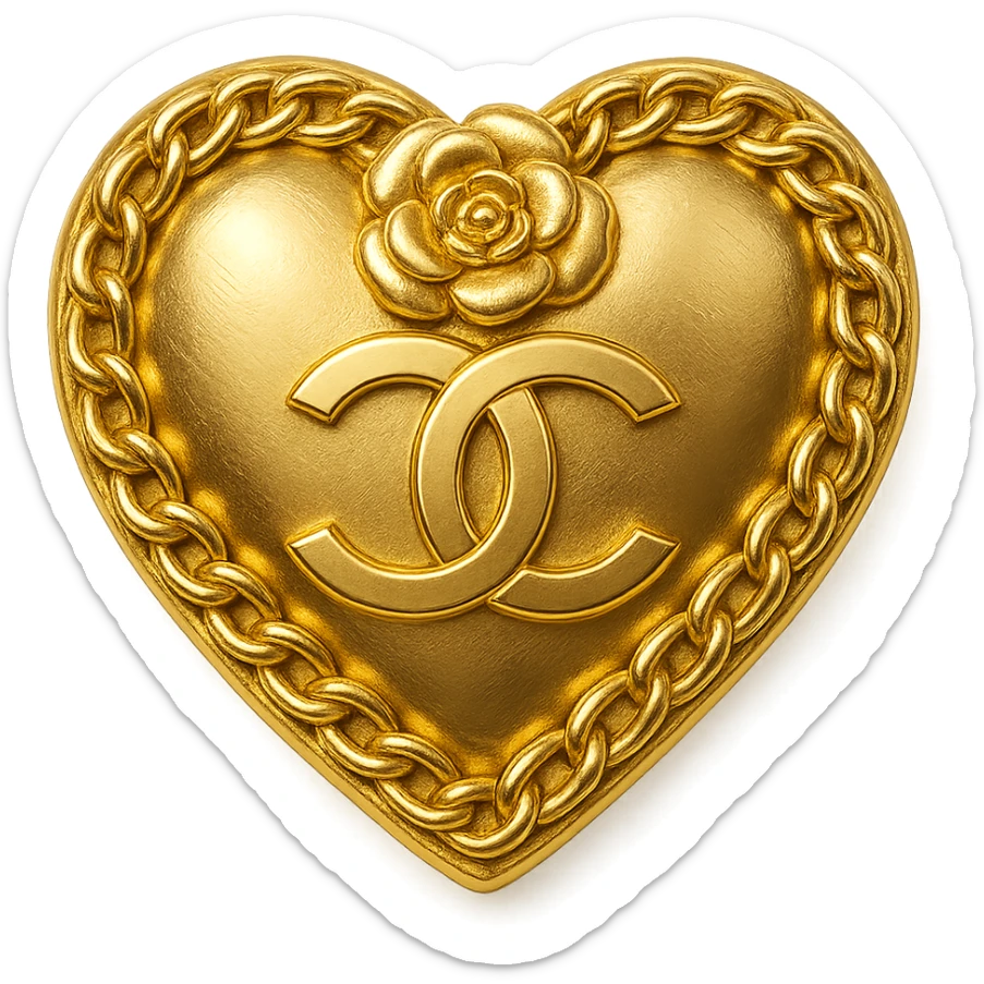Chanel heart in metallic gold style with a camellia flower and a chain, classic Chanel sticker
