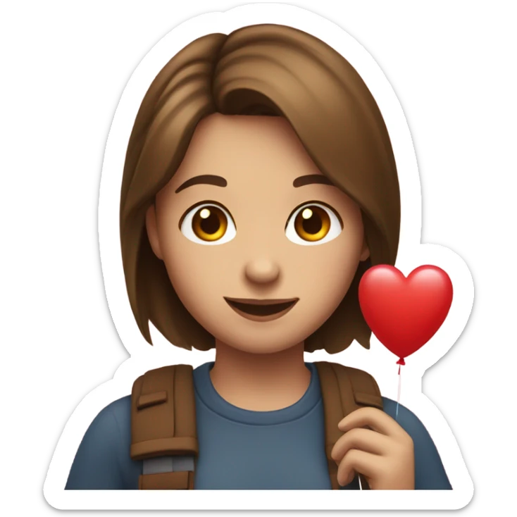 smiling girl with brown hair with heart balloon sticker