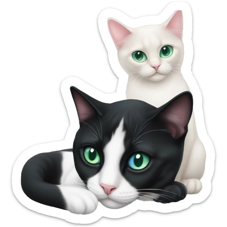tuxedo cat with green eyes and pink nose laying down with siamese cat with blue eyes sticker