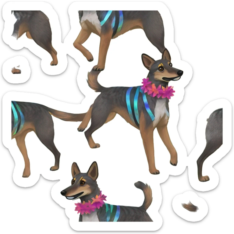  brindle brown black maroon striped lurcher Alsatian fox running blue eyes and iridescent holographic oilslick harness wearing paper iridescent tropical flower crown yellow caution tape sticker