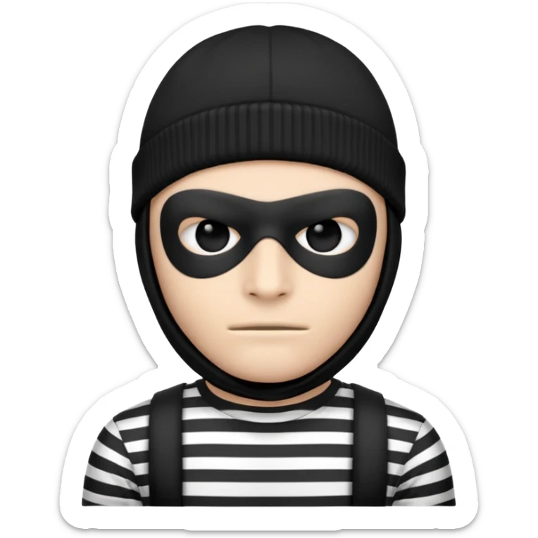 A robber emoji that shows the head and to the collar bone he is 2d and is staring straight at the screen and his body is also towards the screen t-shirt with horizontal black and white stripes and a black beanie on his head and a black mask just around his eyes sticker