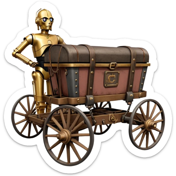 Old American West tarnished C-3PO bounty hunter in 1854 delicately ornate rosegold accents painted buggy buckboard wagon powered by electric motors and batteries with safety features and belts flying rapidly across rough dusty terrain stable on strong agile futuresteampunk suspension and steering  sticker
