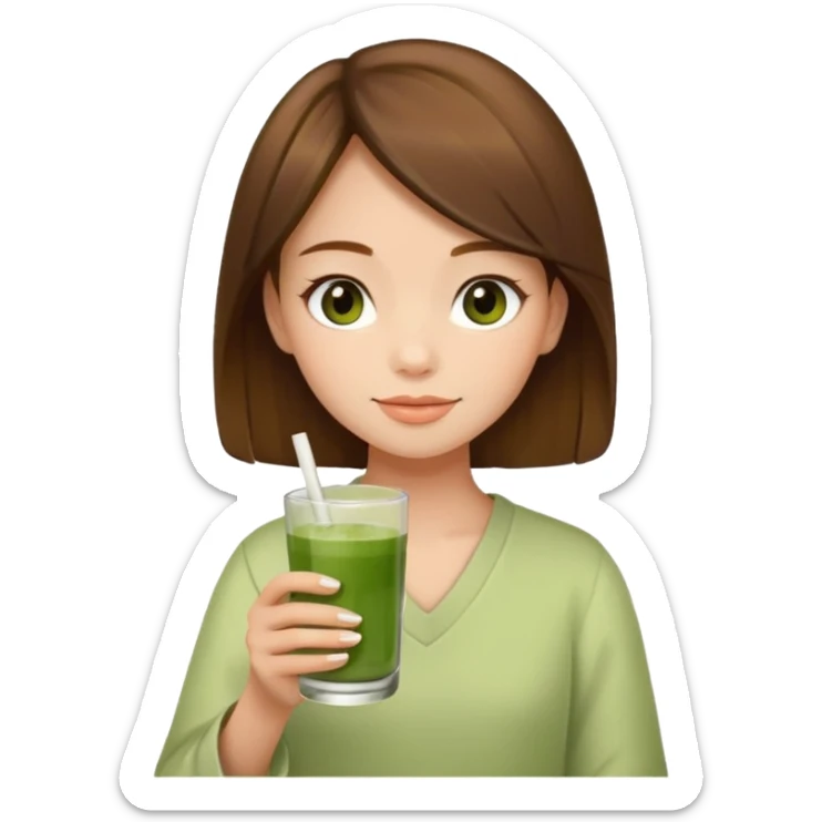 The matcha must be in a glass, so a vanilla matcha in a glass. It must look completely like matcha, and a girl with brown hair should then hold the matcha glass in her hand, but the matcha must look like matcha, and the girl must look younger. sticker