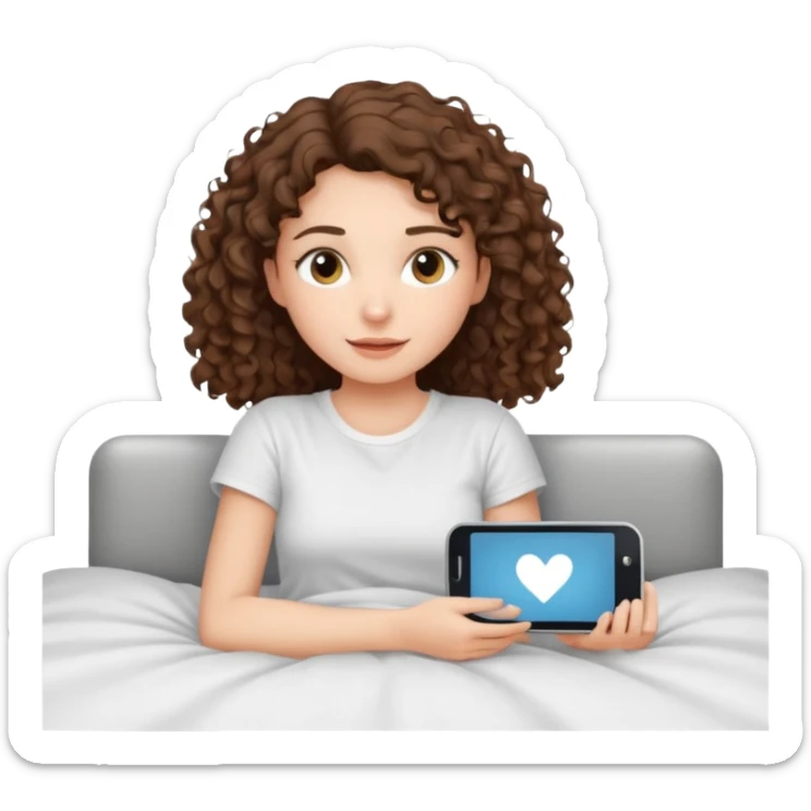 Draw a brunette girl with shoulder-length curly hair, lying on the bed watching TV.  sticker