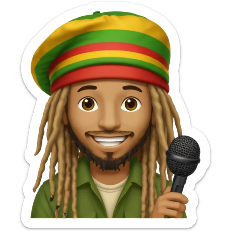 Emoji sticker of reggae artist Anthony B 🧔🏾‍♂️ with dreadlocks, Rasta hat 🟥🟨🟩, smiling and holding a mic 🎤. Text says 'Big Up Anthony B!' in bold reggae font 💥🔥✊🏾 sticker