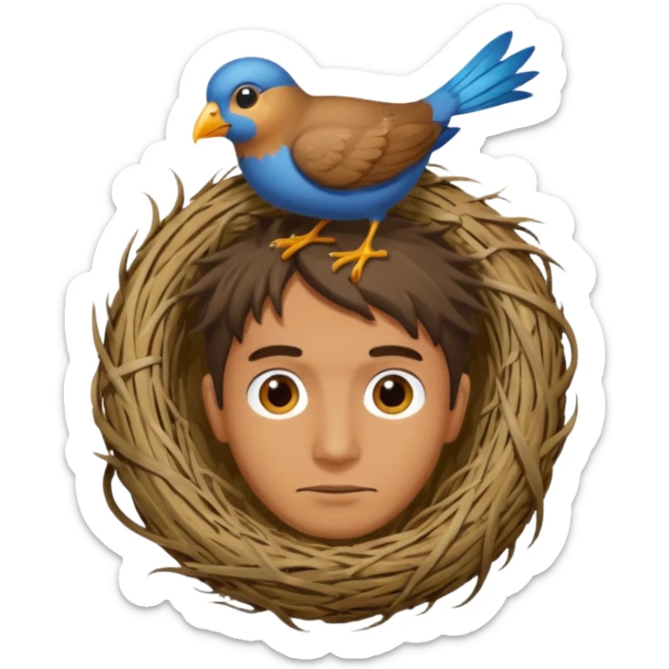 Man who has a birds nest on top of his head for hair sticker