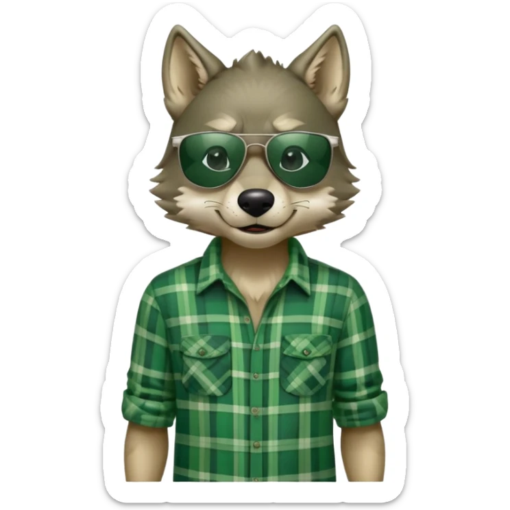 friendly anthropomorphised wolf in green plaid shirt and green attire for St. Patrick's Day, wearing dark sunglasses, upright pose sticker