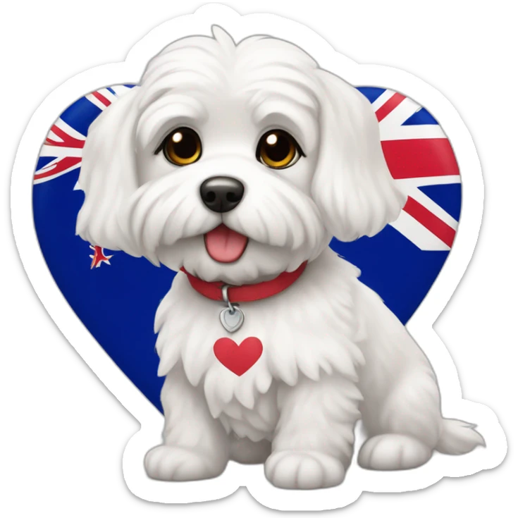 white maltipo dog in a new zealand flag shaped heart sticker