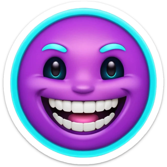 futuristic glowing emoji face laughing wide with glowing teeth, purple and cyan neon light, dark background sticker