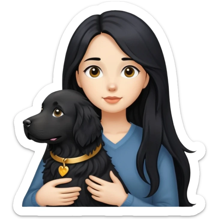 A girl with long black hair and a black golden retriever sticker