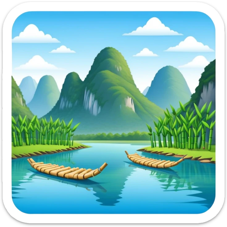 Yangshuo karst peaks with bamboo raft on river Guilin, simplified emoji style with bold outlines and bright colors, cartoon style mountains with clear blue sky sticker