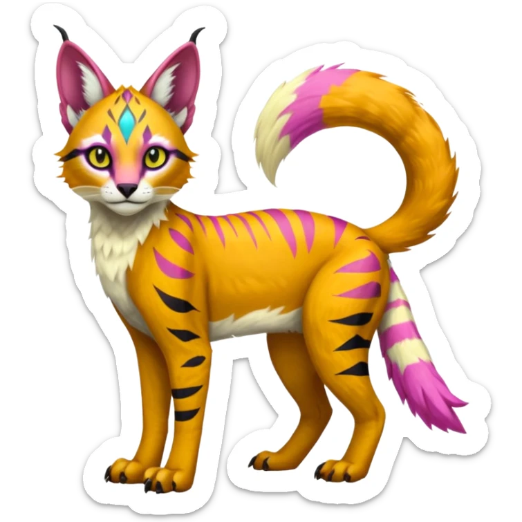 Colorful tropical tribal pale light fruity pastel white glorious iridescent divine exotic cute albino neon vibrant zigzagged cool beautiful fantasy-caracal-civet-genet-sergal-vernid-Gryphon-Cacomistle-Trico-oncilla-animal-Fakémon-hybrid-fursona (full body), facial markings,  sticker
