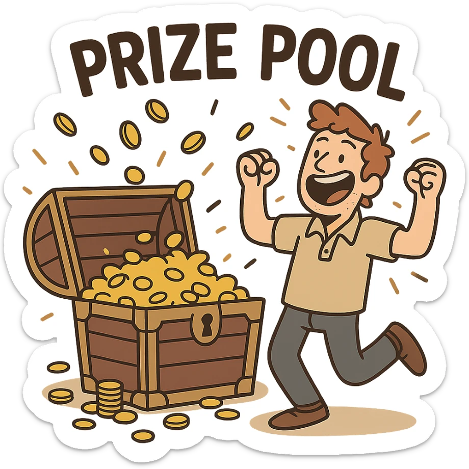 prize pool, treasure chest overflowing with coins, celebratory cartoon style sticker