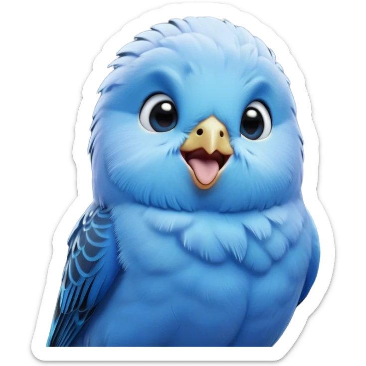 Cinematic Cute Yawning Blue Budgie Portrait Emoji, Head tilted slightly with a dramatic, wide-open yawn, showcasing a soft, downy blue feathered fur with gently drooping wings, round dark eyes barely open in drowsy contentment, Simplified yet irresistibly adorable features, highly detailed, glowing with a soft, cozy glow, high shine, relaxed yet expressive, stylized with a touch of whimsy, bright and endearing, soft glowing outline, capturing the essence of a sleepy yet affectionate budgie, so drowsy it feels like it could stretch out of the screen and curl up for a nap! sticker