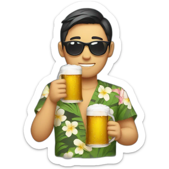 Japanese wearing roundglasses alohashirt is holding beer sticker