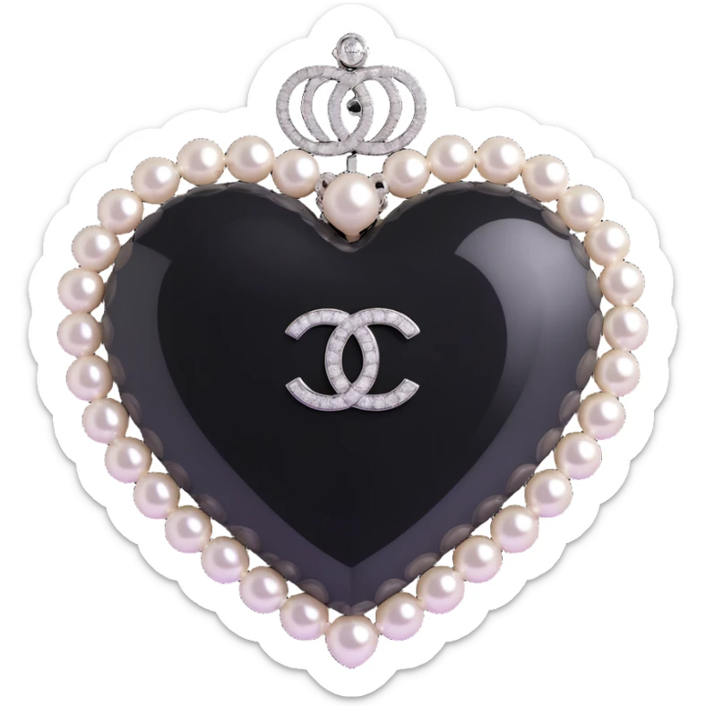 Add a diamond accent to the glossy black heart with pearls and silver Chanel logo, keep the background transparent, elegant, black and white color scheme, 3D emoji style. sticker