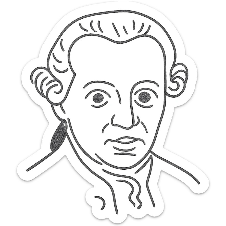 a hand drawn black outline portrait of Immanuel Kant with similar size eyes based a famous painting of him sticker