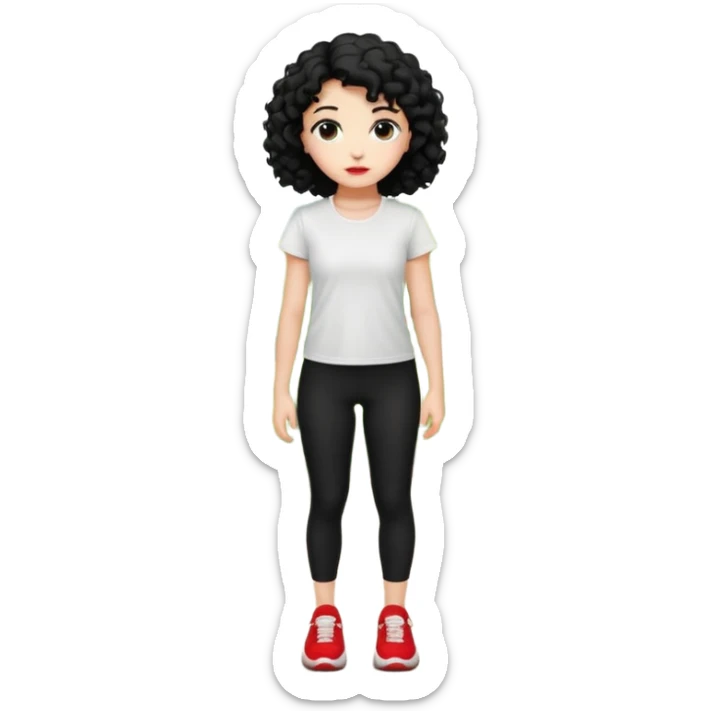 generate a pretty bratz fair skinned girl with curly black hair wearing a white tshirt trekking on a hill road with red sneakers on and black leggings.  Put a hill behind her sticker