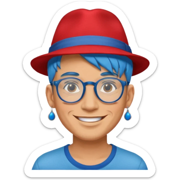 unique looking tourist with big unique red tourist fedora and earrings, man with lots of tattoes and spectacles, blue hair showing sticker