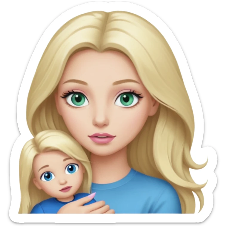 Blonde baddie with long hair Pretty makeup long lashes blue-green eyes ,   light pink lips ,holding 1 little Boy, with blue eyes sticker