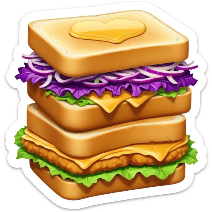 A cute, simplified emoji-style illustration of a stacked chicken sandwich — two thick golden toast slices, a crispy breaded chicken fillet, green lettuce, and purple cabbage slaw, with glossy dark sauce dripping down the sides. sticker