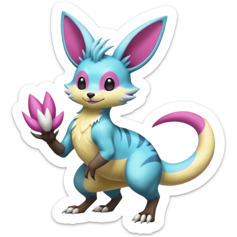 realistic Shiny smooth silky soft Cyan-Yellowish-Magenta Minccino-Zeraora-Emolga-Vernid-Sergal-fusion-hybrid-animal-creature, full body sticker