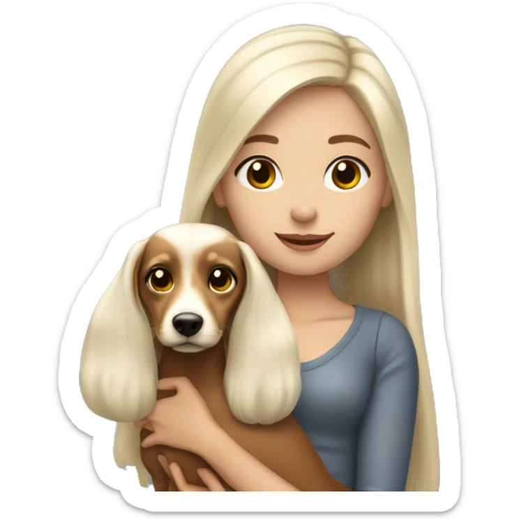 White long hair brunette girl holding blonde doxie sticker
