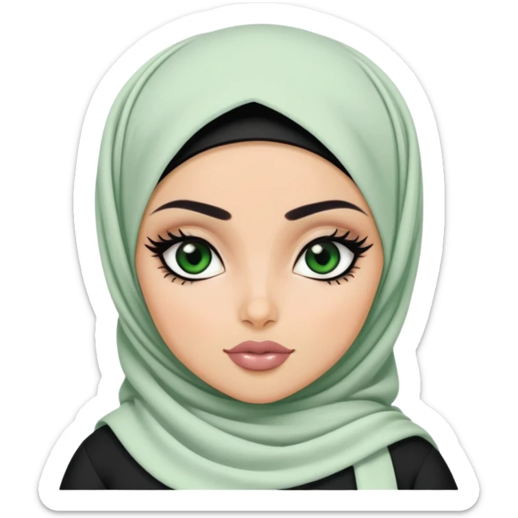 pretty bratz baddie, niqapi hijabi, black eyeliner, medium white skin, dark green  eyes sticker