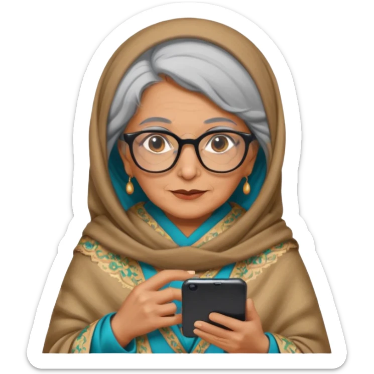 persian old woman Persian shawl with smartphone and glasses, half body sticker