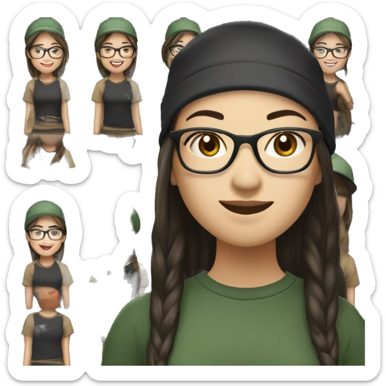 Hyper realistic, look from side, asian adult woman, light white skin, smiling with teeth, black eyes, spotted frame glasses, long light brown straight hair, black T-shirt, dark green cap. sticker