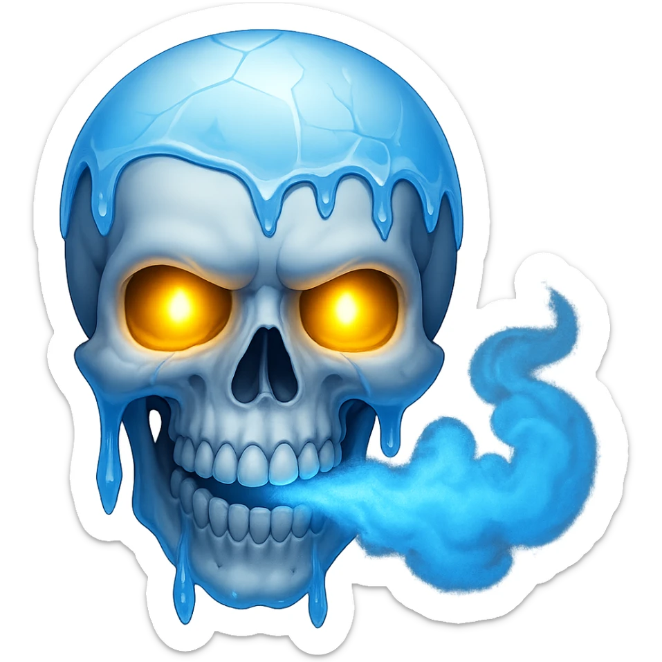 Add glowing eyes to the skull with icicles and blue cold breath. The image should have no background. Keep the cold and icy atmosphere with blue breath and icicles. sticker